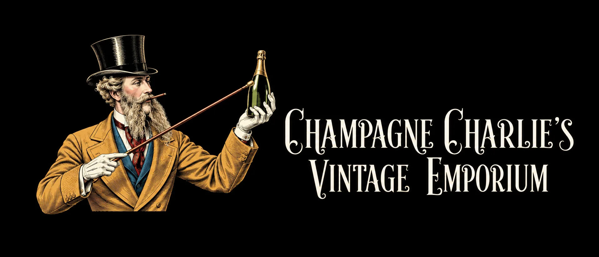 Champagne Charlie holding a bottle beside the Champagne Charlie's Vintage Emporium wordmark
